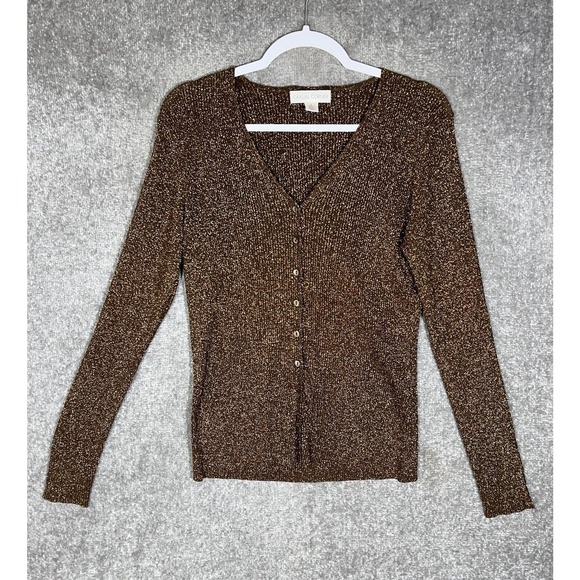 Casual Corner Silk Blend Metallic Ribbed Vneck Cardigan Sweater Women Size Large - Picture 1 of 6